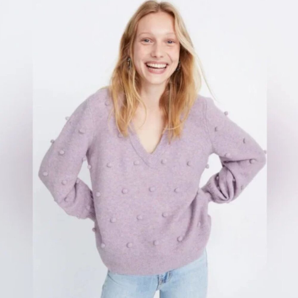 Madewell Bobble Dashwood V-Neck Sweater in Coziest Yarn Heather Wisteria
